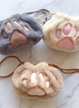 日本现货felissimo芬理希梦猫爪包抽绳卡通包化妆包毛茸茸包礼物