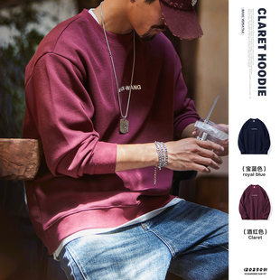 大码 酒红色刺绣圆领长袖 刺绣上衣美式 新款 套头外套 卫衣男2026春季