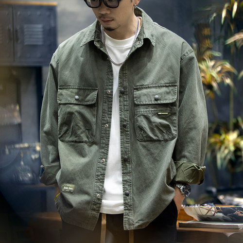 美式复古长袖工装衬衫男秋季潮牌大码纯棉衬衣春秋款宽松休闲外套