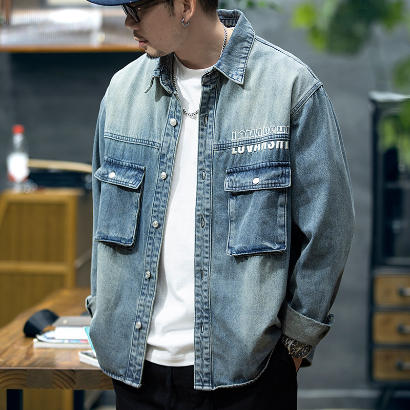 美式复古长袖牛仔衬衫男秋季潮牌刺绣工装衬衣男士宽松休闲外套潮,男装,衬衫,淘宝优惠券,粉丝福利购,淘宝优惠卷