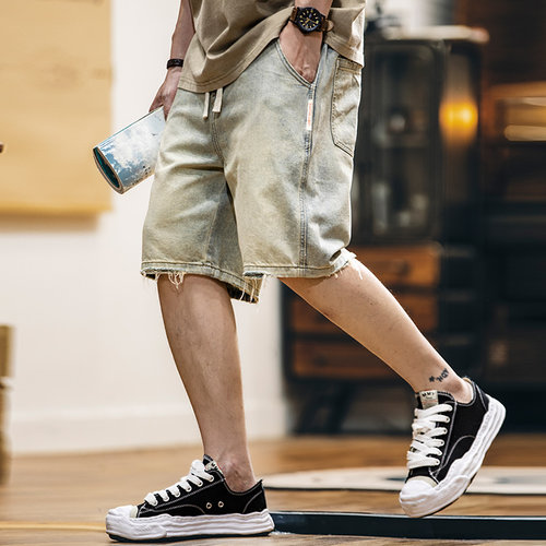 美式复古水洗做旧牛仔短裤男