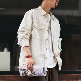 人字纹肌理感 男美式 长袖 衬衫 纯棉水洗做旧休闲衬衣外套潮 工装