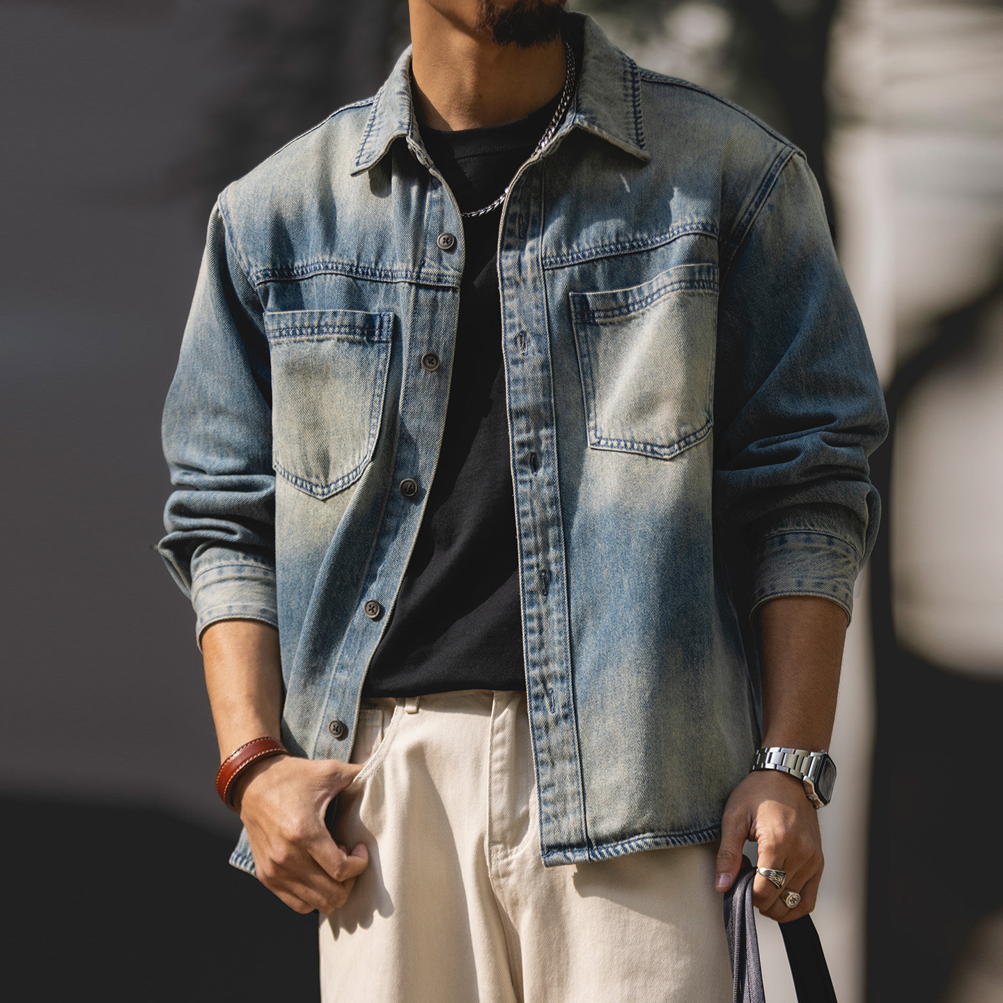 美式复古水洗做旧牛仔衬衫男士2026春季新款宽松休闲工装衬衣外套,男装,牛仔衬衫,淘宝优惠券,粉丝福利购,淘宝优惠卷