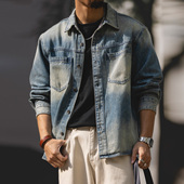 复古水洗做旧牛仔衬衫 宽松大码 男士 美式 2026春季 新款 工装 衬衣外套