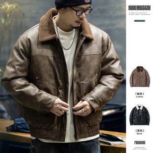 羽绒皮衣男冬季 复古潮牌宽松翻领机车服夹克 90白鸭绒保暖外套男士
