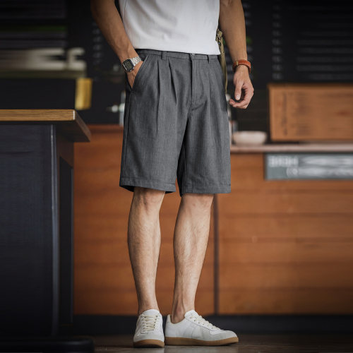 夏季新款灰色双褶西装短裤男