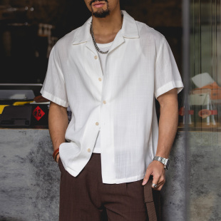白色透气轻薄度假风开衫 莱赛尔亚麻古巴领短袖 新款 男夏季 衬衣 衬衫