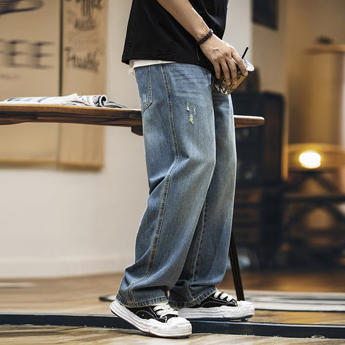 莱赛尔薄款直筒牛仔裤男水洗刮烂