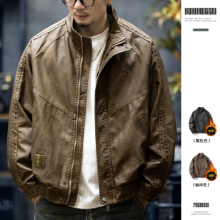 春秋防风机车外套 立领夹克上衣男士 美式 复古PU皮衣男宽松潮牌大码