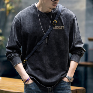 复古水洗宽松圆领男士 330g重磅长袖 纯棉美式 新款 上衣潮 t恤男秋季