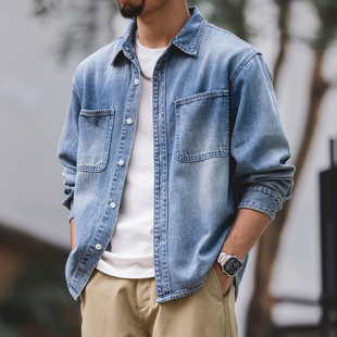 男2026春季 牛仔衬衫 新款 宽松大码 衬衣外套潮 美式 长袖 水洗做旧工装