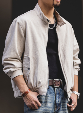 亚麻混纺G9哈灵顿立领夹克男士2026春季新款宽松大码休闲工装外套