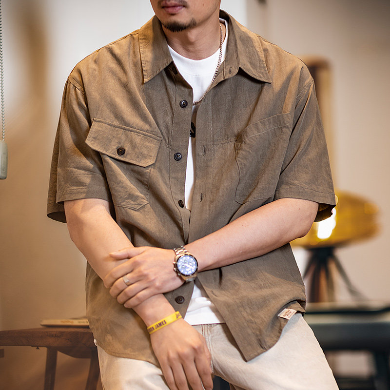 莱赛尔短袖衬衫男2026夏季新款复古微宽松美式休闲工装衬衣男款薄