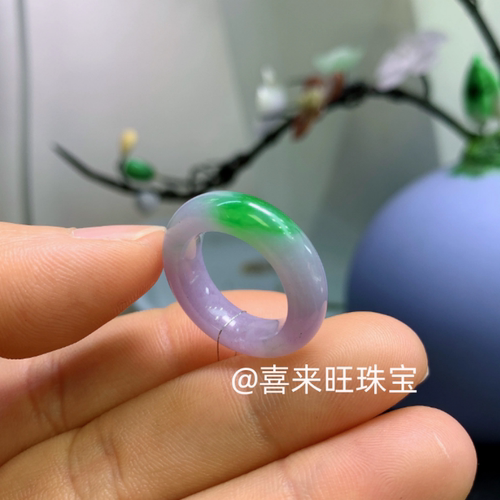 冰糯种紫罗兰飘绿花玉石戒指指环