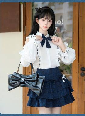 天羽川原创设计感黑松露长袖花边露肩衬衫上衣女修身显瘦短裙套装
