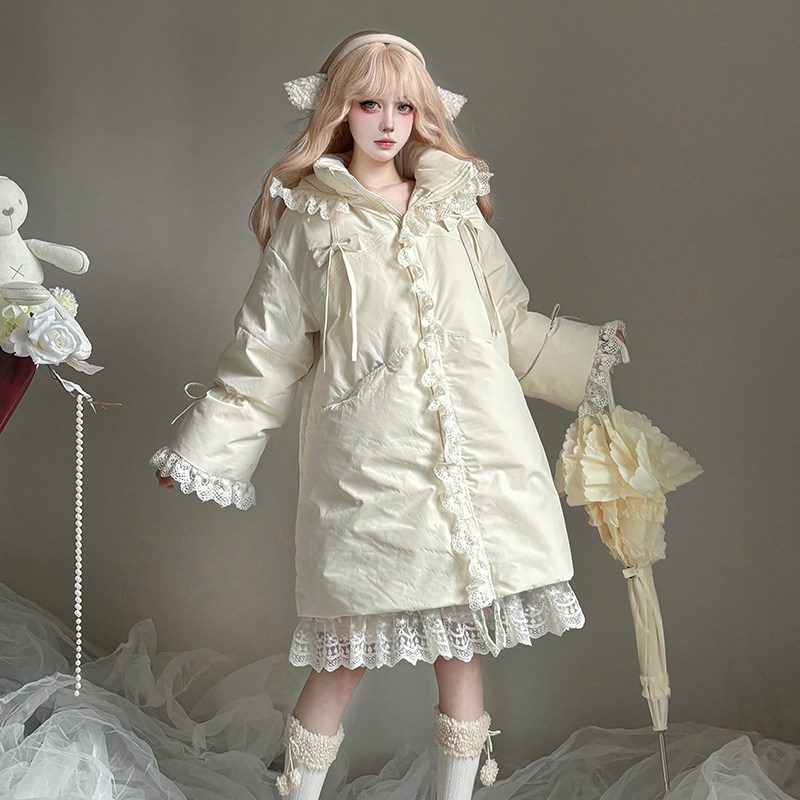天羽川杏色羽绒服90白鸭绒女连帽蕾丝边优雅风中长款厚重保暖外套