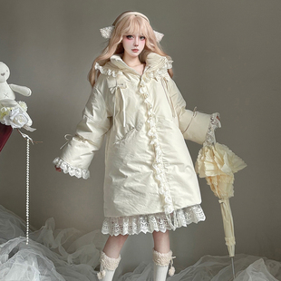 天羽川杏色羽绒服90白鸭绒女连帽蕾丝边优雅风中长款厚重保暖外套