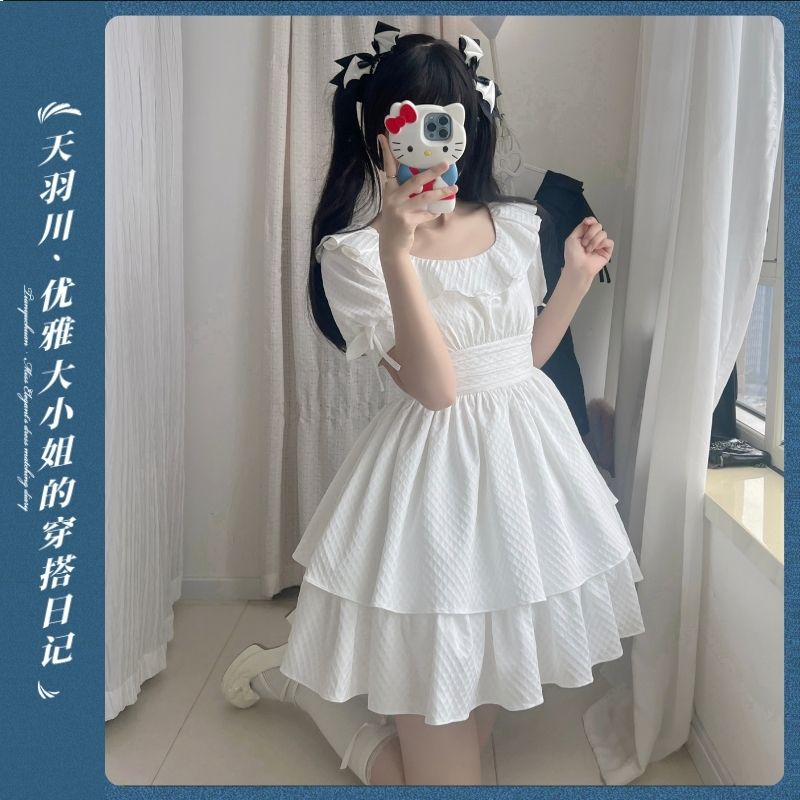 天羽川原创佩蒂小姐连衣裙女夏季短袖优雅大小姐小众设计lo感裙子