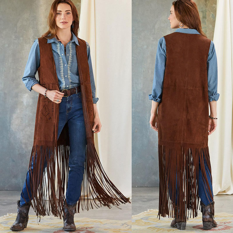 2025跨境纯色口袋牛仔流苏长款无袖开衫背心女马甲修身外套Vest