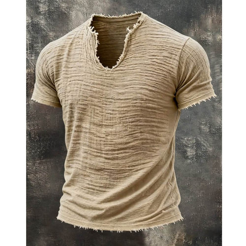 跨境复古棉麻毛须边T恤T-shirt