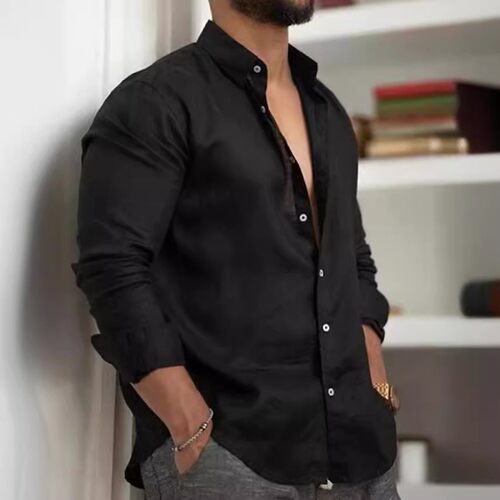 欧美棉麻纯色男士衬衫shirt