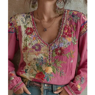 blouse国人慎拍 民族风宽松型 欧美复古卉刺绣艺术印花圆领长袖 衫