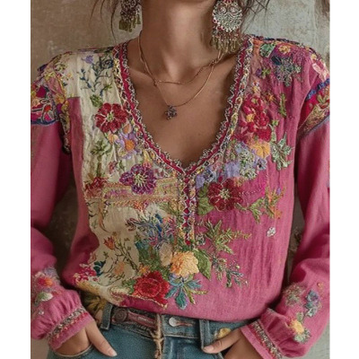 跨境欧美刺绣混纺T恤民族blouse