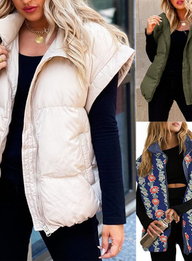 2026跨境欧美新款女装纯色拉链口袋棉服马甲时尚立领慵懒外套Vest
