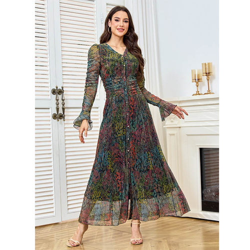 跨境扣子开衫褶皱修身大摆连衣裙