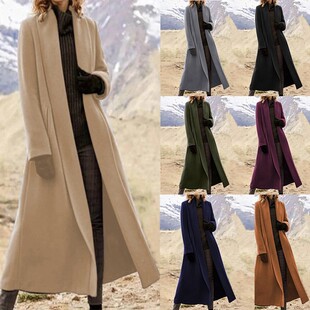 2026跨境女装欧美超长款大衣加肥加大外套休闲毛呢风衣Coat