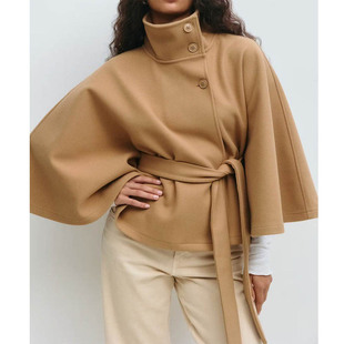 欧美女装秋冬季新款跨境时尚纯色斗篷立领纽扣腰带风衣外套Coat