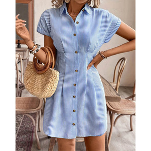 跨境欧美外贸夏衬衫连衣裙蓝色条纹开衫短袖连衣裙Striped dress