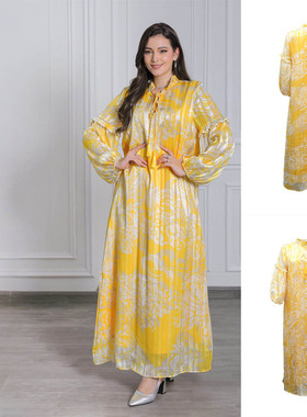 跨境民族风大码A字黄色印花新款宽松显瘦气质连衣裙Dress