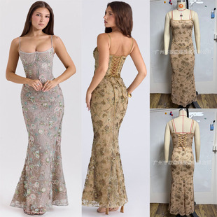 夏胸衣设计吊带抹胸性感蕾丝绣花修身 鱼尾礼服宴会长连衣裙Dress