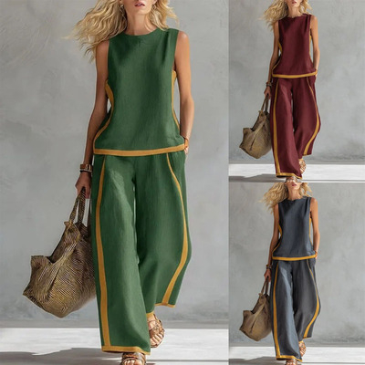 跨境圆领无袖宽松上衣宽松套装