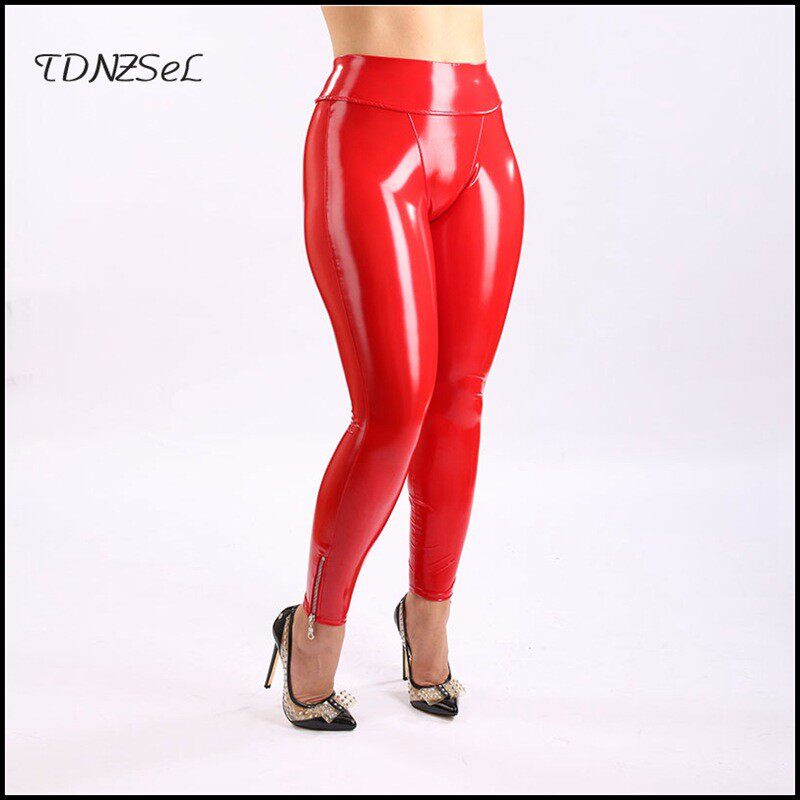 跨境欧没装打底裤高腰PU皮裤女性感红色亮面皮紧身裤casual pants