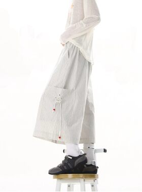 日系樱桃珠竖条纹阔腿裤女夏季