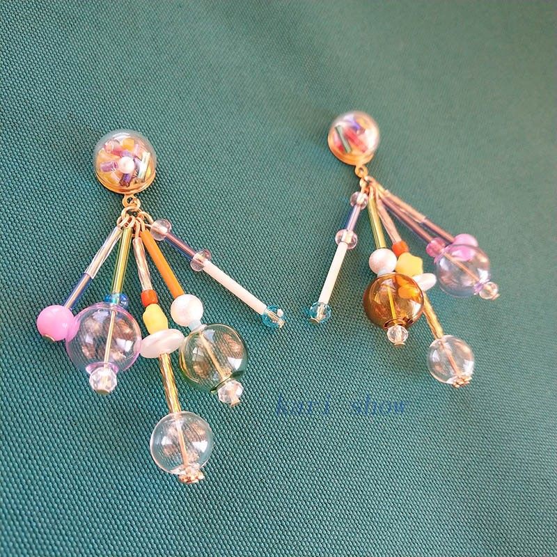 kari show 日系梦幻人鱼泡泡七彩水晶空心琉璃球台湾定制款耳钉