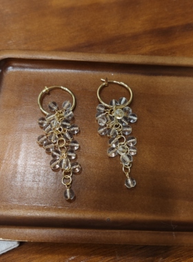 Kari show手作日常百搭手工葡萄串透明水晶串珠耳环耳钉耳夹