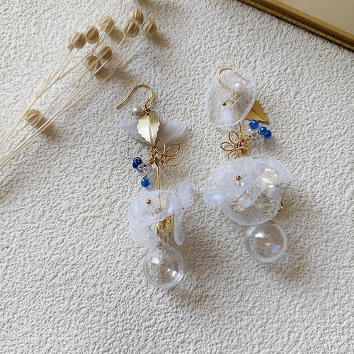 kari show日系大人气春季新款清新人鱼水滴欧根纱水球仙女耳饰