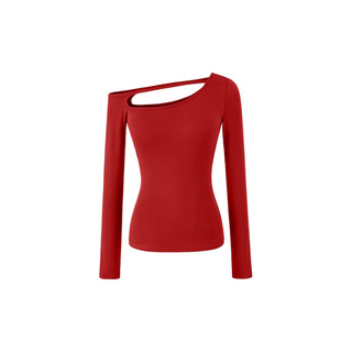 辣妹风斜领露肩长袖T恤女红色修身显瘦不对称露脐短款性感上衣