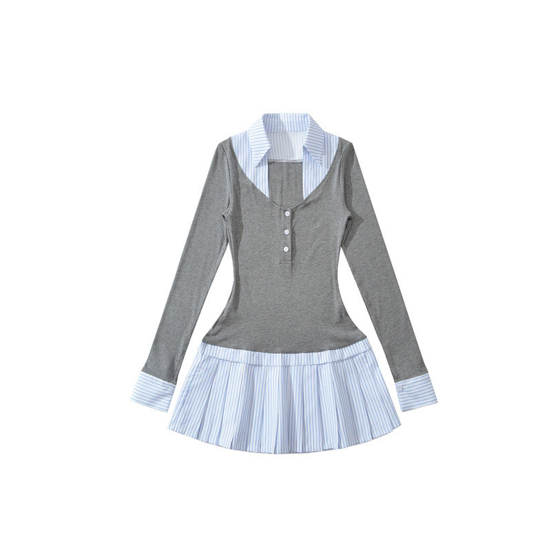 美式学院风假两件条纹拼接衬衫裙女长袖修身A字裙小个子连衣裙