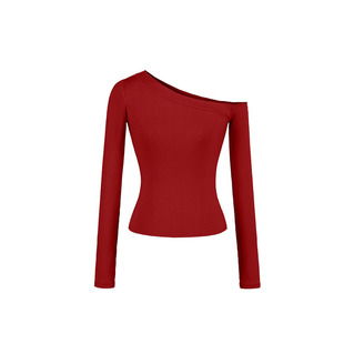 辣妹风斜肩露锁骨长袖T恤女红色修身显瘦性感露脐短款打底衫上衣