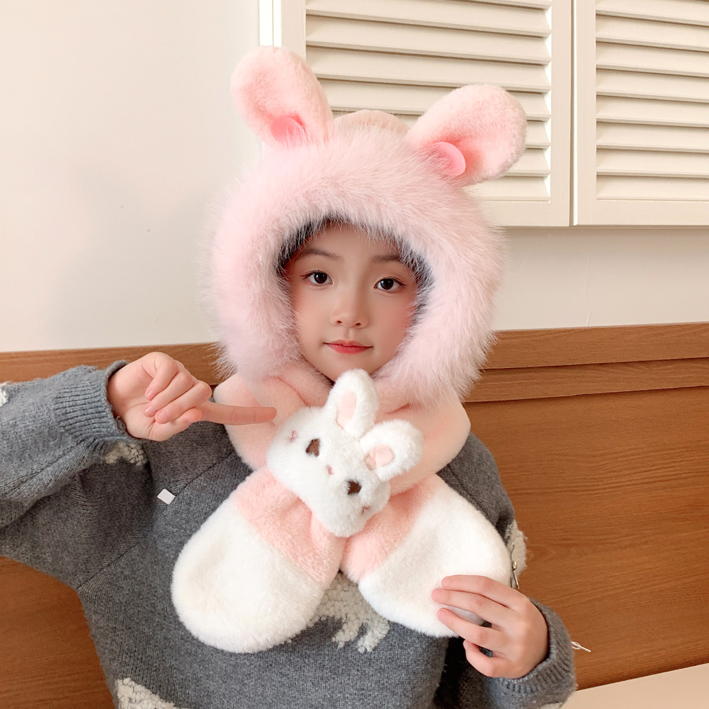 儿童帽子围巾一体冬天女孩2025新款毛绒帽卡通小兔洋气保暖护耳帽,童装/婴儿装/亲子装,帽子,淘宝优惠券,粉丝福利购,淘宝优惠卷