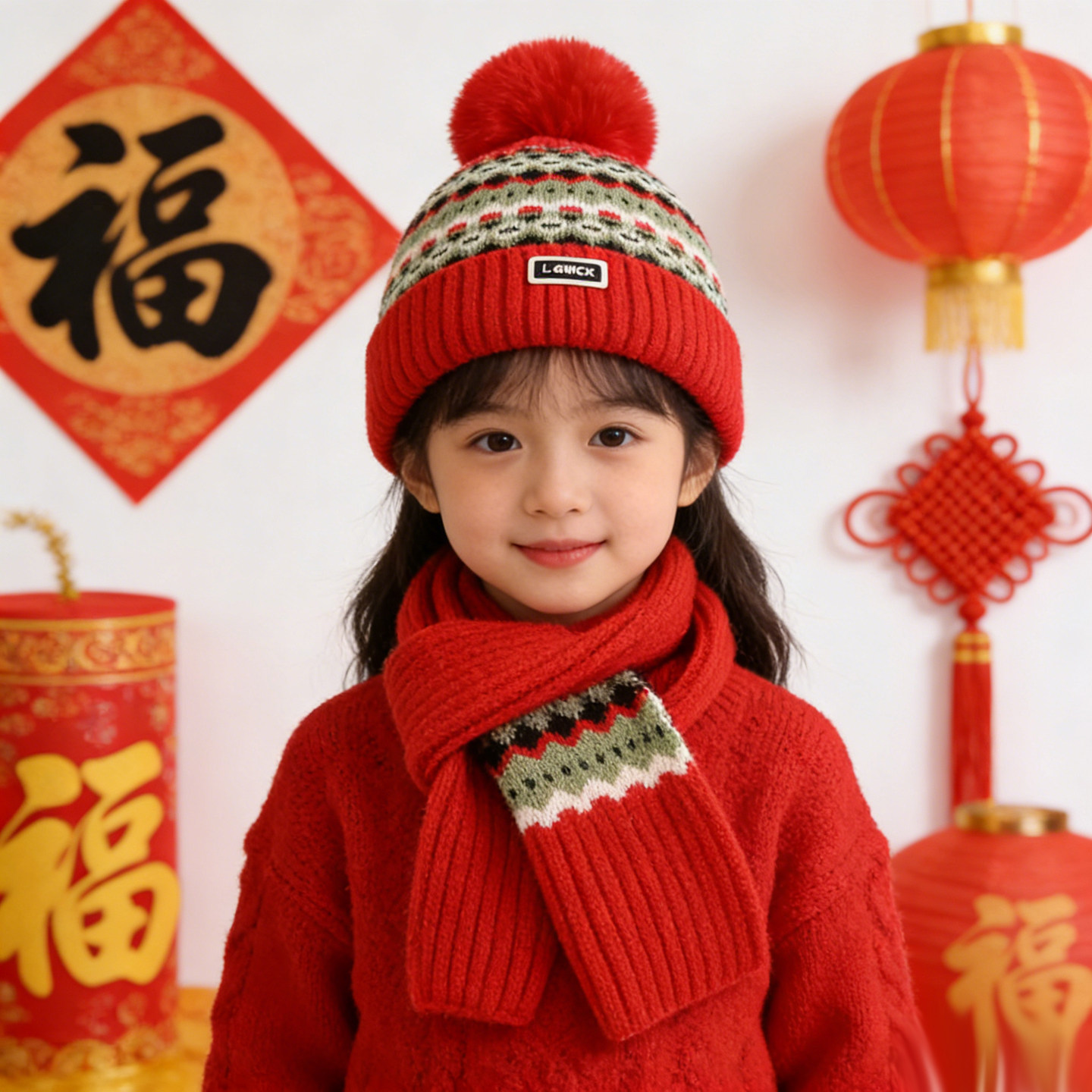 中国红儿童帽子冬天女孩毛线帽男童针织帽小孩喜庆帽子围巾两件套