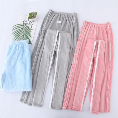 加绒保暖法兰绒全开长裤全开拉链骨折腿伤护理裤术后病号服套装