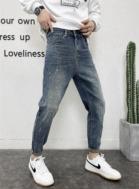 2025秋冬男士百搭蓝色牛仔裤男油漆修身潮牌小脚潮流复古做旧长裤