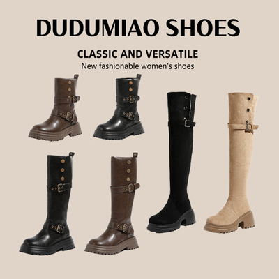 美拉德骑士靴女两穿皮带扣长靴英伦风长筒靴厚底高筒靴加宽大筒围