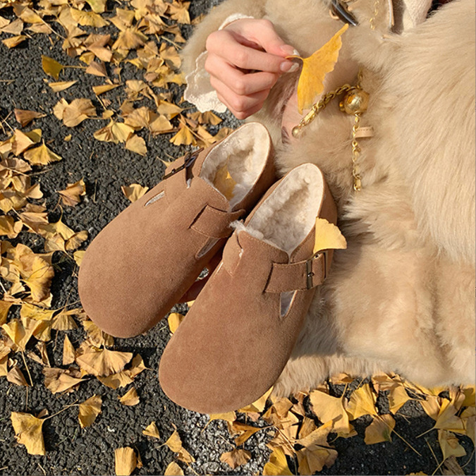 毛毛勃肯鞋女复古平底2025新款冬季加绒加厚棉鞋软底真皮一脚蹬