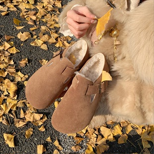 毛毛勃肯鞋女复古平底2025新款冬季加绒加厚棉鞋软底真皮一脚蹬